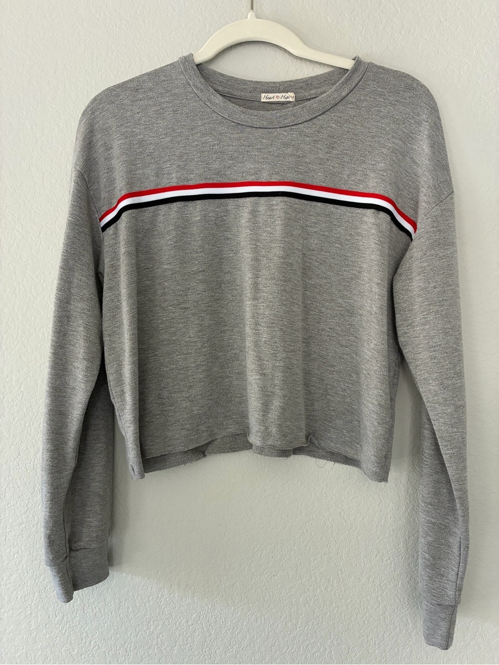 Heart Hips Gray Cropped Sweatshirt with Red-White-Black Chest Stripe